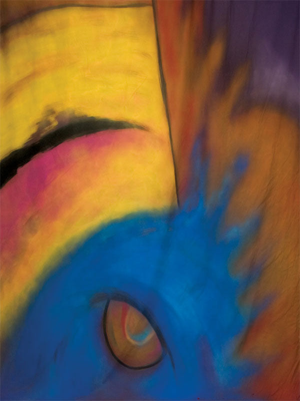 Vivid abstract backdrop with painterly yellow, blue, and orange swirls.