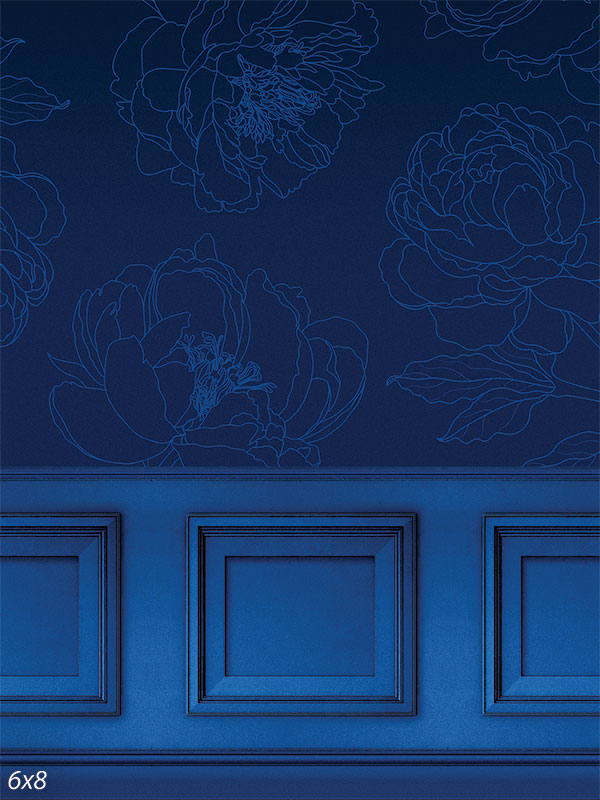 Royal Blue Floral Panel Photography Backdrop - Elegant royal blue photography backdrop with floral line art and symmetrical paneling, perfect for formal photoshoots.