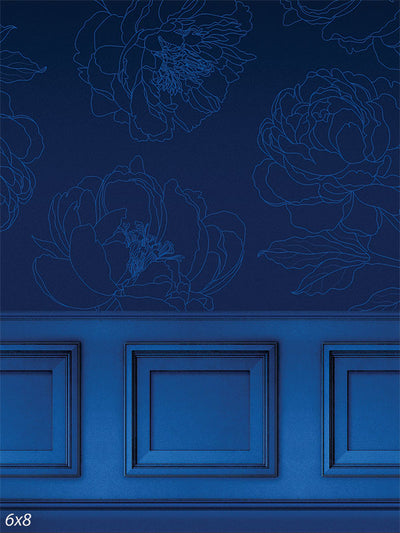 Royal Blue Floral Panel Photography Backdrop - Elegant royal blue photography backdrop with floral line art and symmetrical paneling, perfect for formal photoshoots.