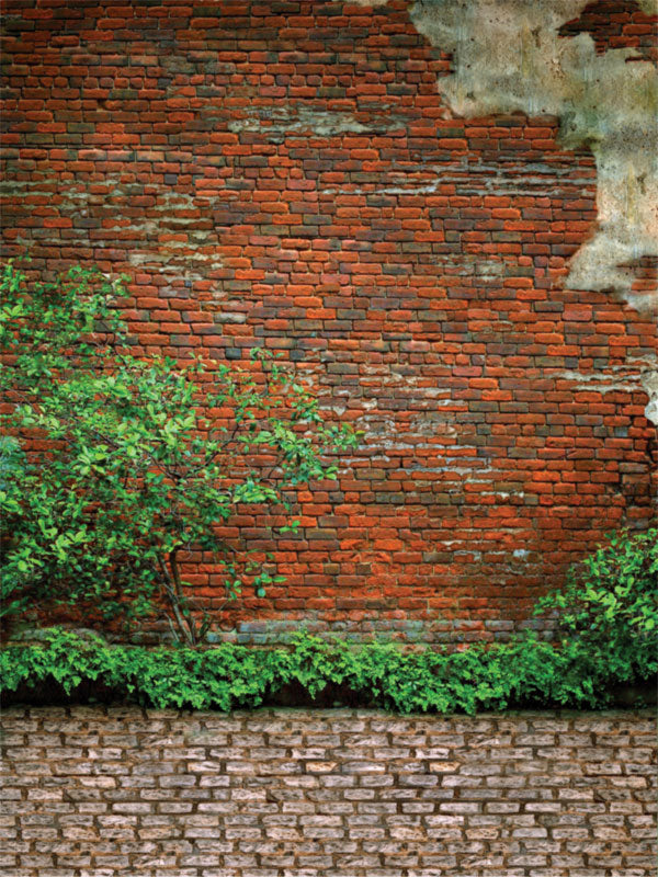 A rustic photography backdrop featuring a weathered red brick wall with natural greenery, perfect for industrial and vintage-themed photo sessions.