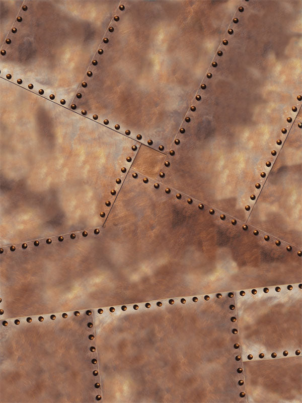 A rugged photography backdrop featuring overlapping rusted metal plates with industrial rivets.