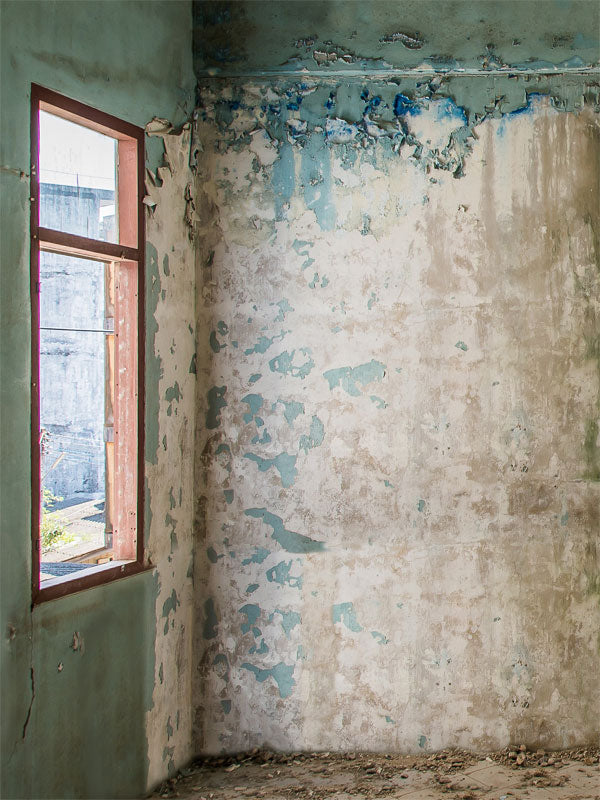 Rustic Abandoned Room Photography Backdrop - Photography backdrop featuring a rustic, abandoned room with peeling paint and natural light streaming through a window, perfect for vintage-themed and artistic photoshoots.