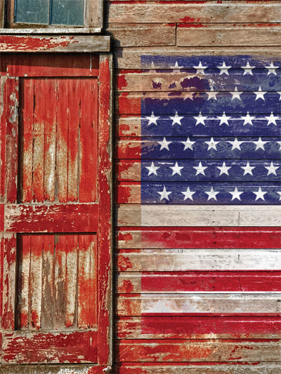 Rustic American Flag Barn Photography Backdrop - Rustic barn backdrop with a distressed American flag, ideal for patriotic and rustic-themed photoshoots.