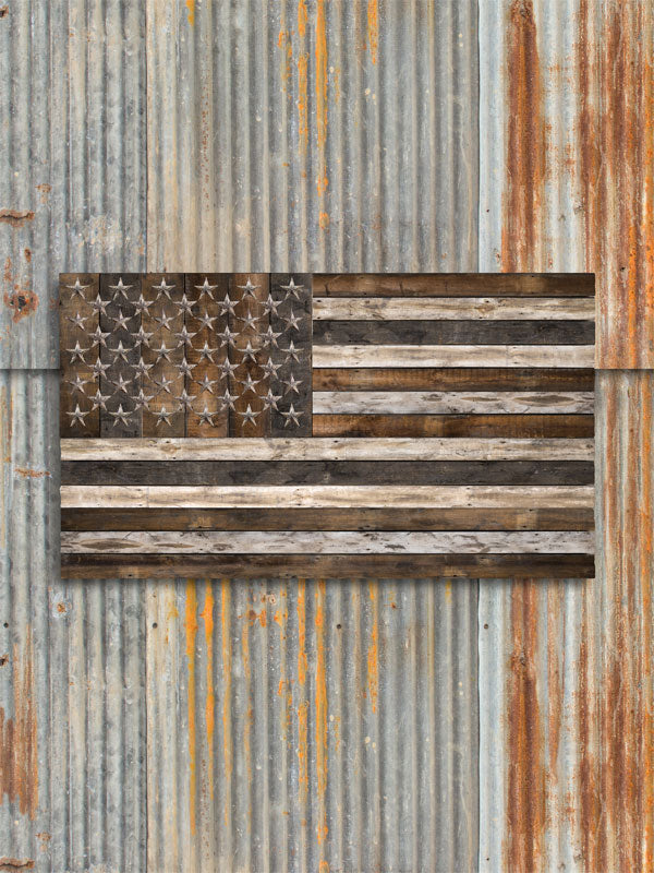 Rustic American Flag Photography Backdrop - Rustic American flag photography backdrop with distressed wood and rusted metal for patriotic-themed and vintage-style photoshoots.