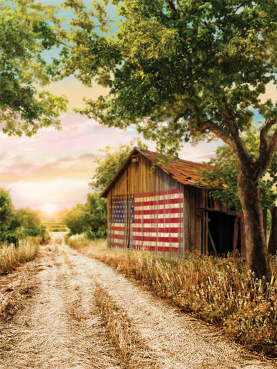 Rustic Americana Barn Photography Backdrop - Rustic American barn photography backdrop featuring a barn with an American flag, trees, and a dirt road, ideal for country or patriotic photoshoots.