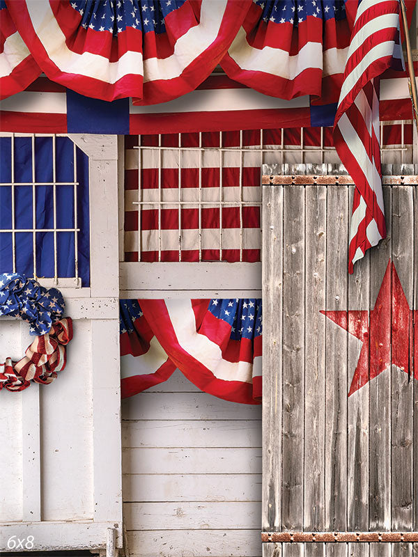 Rustic Americana Barn and Flag Backdrop - Rustic barn backdrop with American flag bunting and weathered wood textures for patriotic-themed photography.
