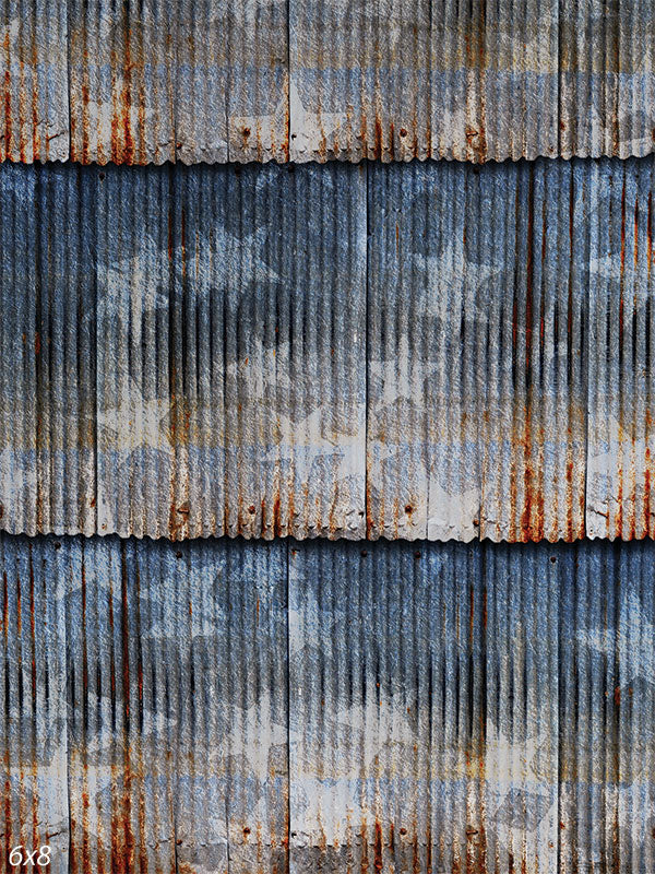 Rustic Americana Corrugated Metal Photography Backdrop - Rustic corrugated metal photography backdrop with weathered stars and stripes pattern.