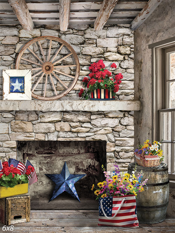 Rustic Americana Photography Backdrop - Rustic Americana photography backdrop featuring a stone fireplace with patriotic décor.