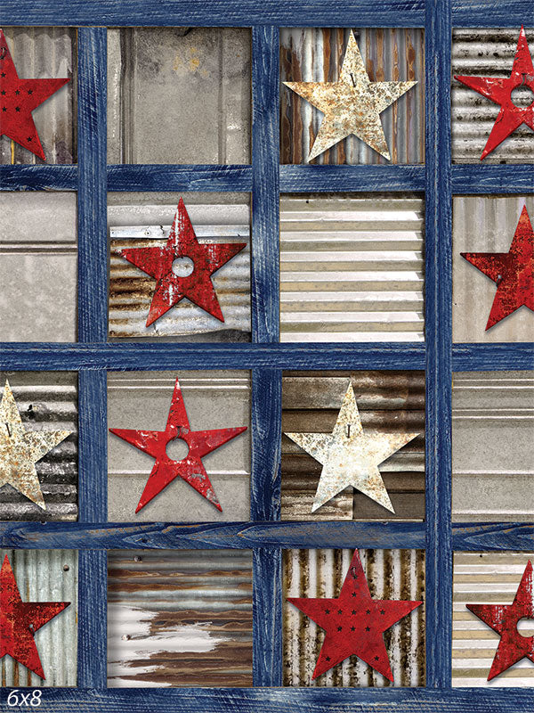 Rustic Americana Stars Photography Backdrop - Rustic Americana photography backdrop featuring a grid of red and white stars against corrugated metal and distressed wood.