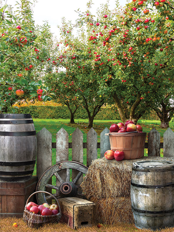 Rustic Apple Orchard Photography Backdrop - A rustic apple orchard photography backdrop featuring apple trees, wooden barrels, hay bales, and a basket of apples.