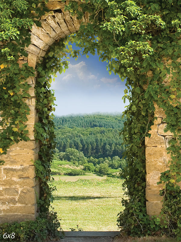 Rustic Archway Overlooking the Countryside Photography Backdrop - Photography backdrop of a stone archway with ivy, overlooking rolling hills and forest.