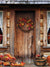 Rustic Autumn Cabin Door Photography Backdrop - A rustic autumn cabin door photography backdrop featuring a weathered wooden door with an autumn wreath and harvest produce like pumpkins and gourds.