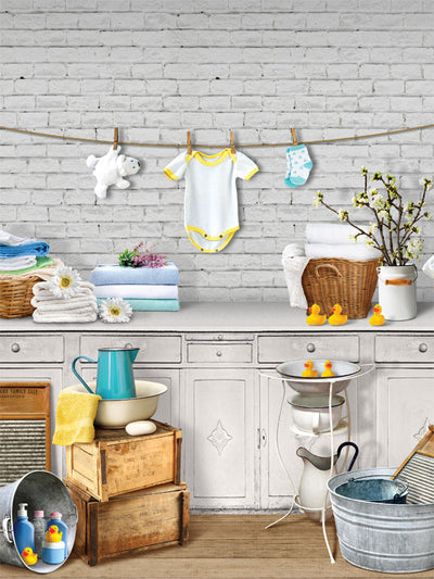 Rustic Baby Laundry Room Photography Backdrop - Rustic baby laundry room photography backdrop with clothesline and vintage props, perfect for baby photoshoots.