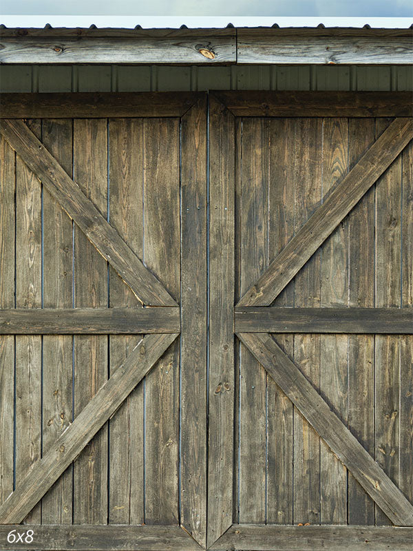 Rustic Barn Door Photography Backdrop - Rustic barn door photography backdrop with wood texture and cross beams, ideal for country-themed or rustic photoshoots.