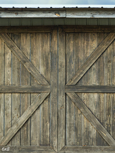 Rustic Barn Door Photography Backdrop - Rustic barn door photography backdrop with wood texture and cross beams, ideal for country-themed or rustic photoshoots.