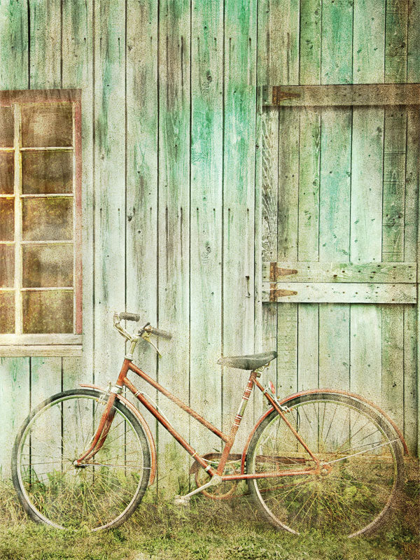 Rustic Bicycle and Wooden Barn Photography Backdrop - Vintage-style photography backdrop featuring a rustic red bicycle against an aged, weathered wooden barn background, perfect for professional photoshoots.