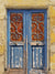 Rustic Blue Double Door Photography Backdrop - Rustic blue double door with peeling paint and wrought iron detailing, ideal as a photography backdrop.