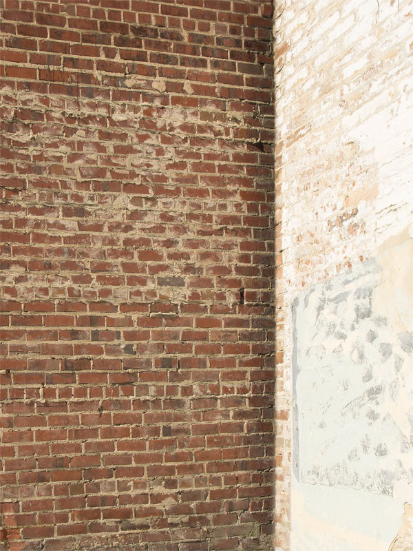 Rustic Brick Corner Photography Backdrop - Rustic brick corner photography backdrop with weathered red and exposed beige brick walls, perfect for urban and vintage-themed photoshoots.