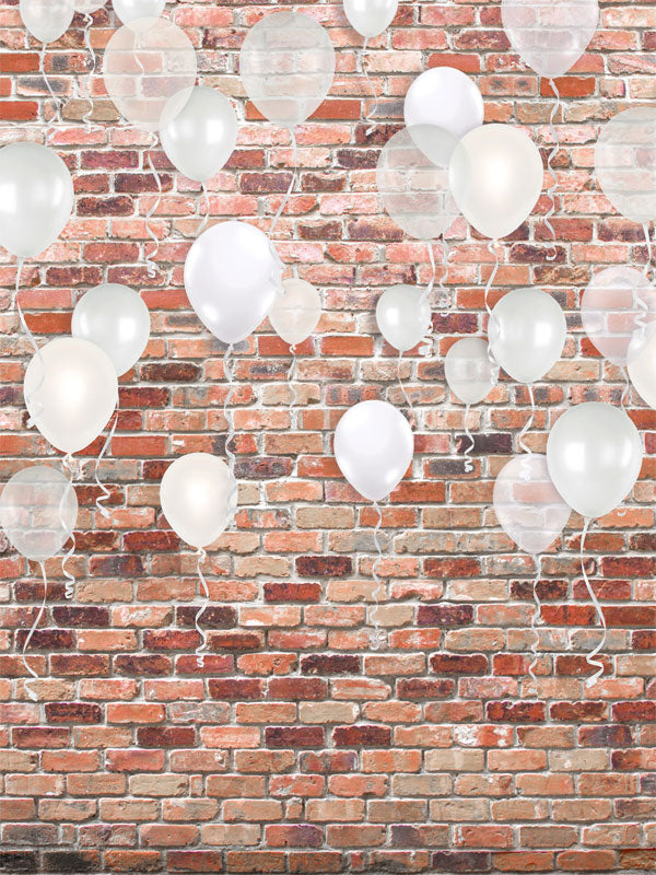 Rustic Brick Wall with White Balloons Photography Backdrop - Rustic brick wall backdrop with floating white balloons, perfect for kid, family, and celebration-themed photoshoots.