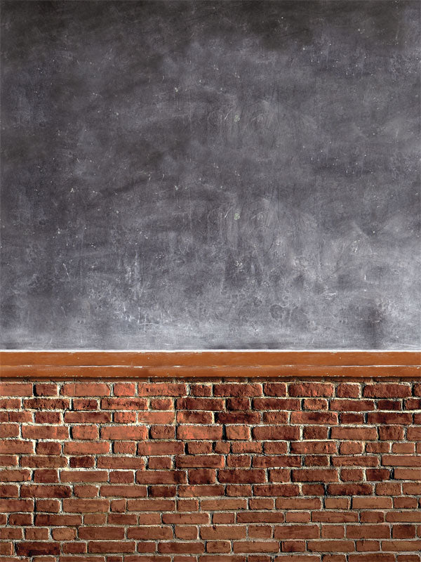 Rustic Brick and Chalkboard Photography Backdrop - A rustic brick and vintage chalkboard backdrop, perfect for classroom-themed or rustic photoshoots, available in multiple sizes.