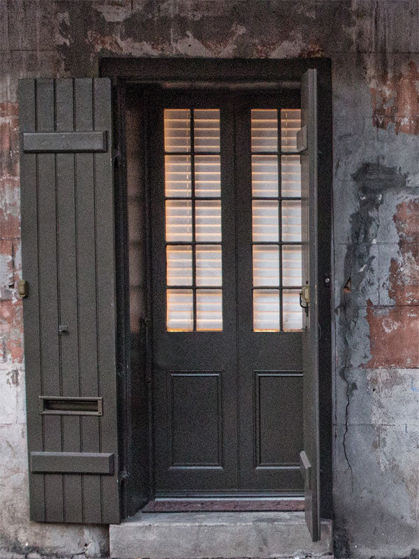 Rustic Brown Door Photography Backdrop - Rustic brown door photography backdrop with distressed wood and brick textures for vintage-themed photoshoots.