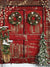 Rustic Christmas Barn Door Photography Backdrop - Photography backdrop featuring a rustic red barn door with holiday wreaths, an old-fashioned sled, and snow-covered greenery.