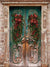 Rustic Christmas Door Photography Backdrop - A rustic wooden door with festive garlands, pine cones, and plaid bows, perfect for holiday-themed photography.