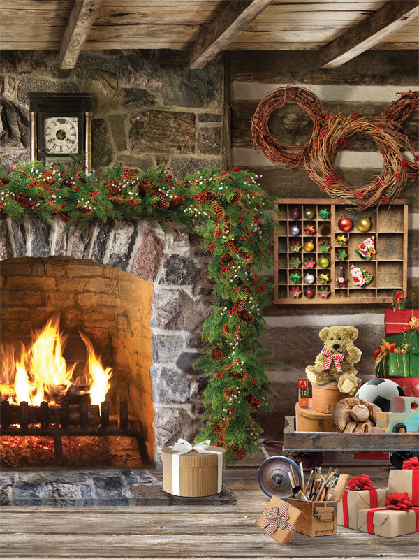 Rustic Christmas Fireplace Photography Backdrop - Rustic Christmas-themed photography backdrop featuring a glowing stone fireplace, garlands, wreaths, and festive holiday décor.