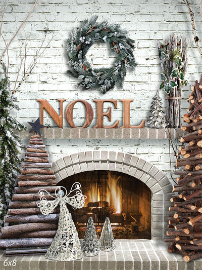 Rustic Christmas Fireplace Photography Backdrop - A rustic Christmas-themed photography backdrop featuring a cozy fireplace with holiday decorations, including a "NOEL" sign and an evergreen wreath.