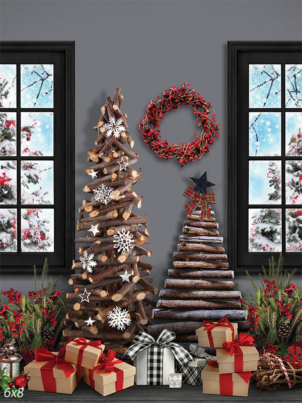 Rustic Christmas Log Tree Photography Backdrop - Rustic log Christmas trees with snowflakes and holiday decorations in front of frosted windows, perfect for festive photography.