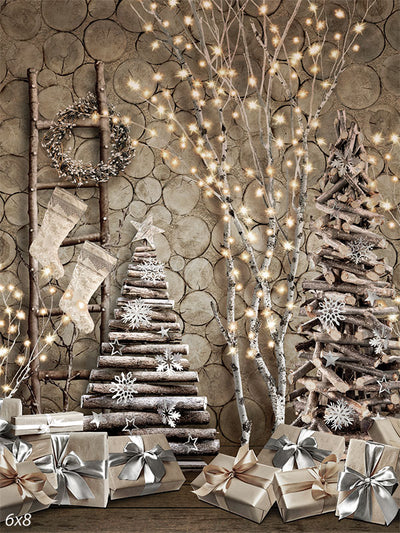 Rustic Christmas Tree and Gift Photography Backdrop - Rustic Christmas tree and gift photography backdrop with birch trees, fairy lights, and stacked logs.