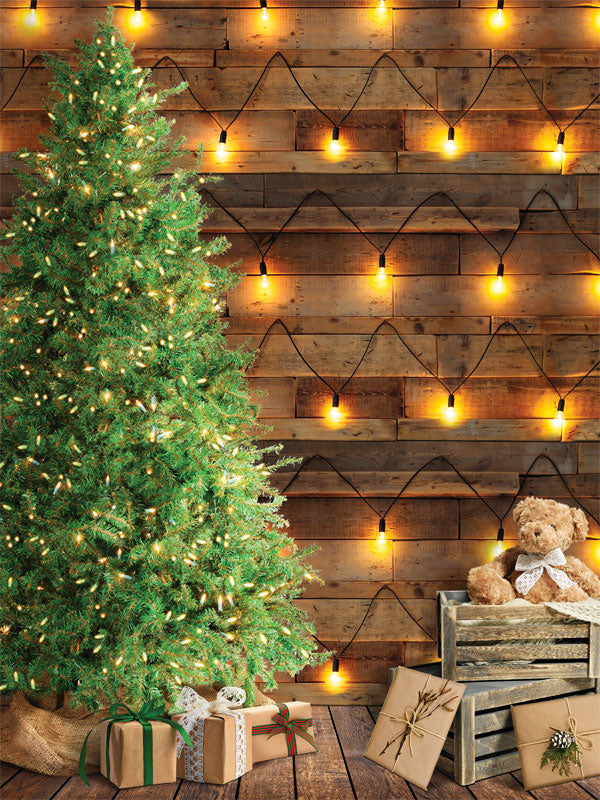 Rustic Christmas Tree and Lights Photography Backdrop - Rustic Christmas tree with string lights photography backdrop featuring warm wood tones, perfect for holiday-themed photoshoots.