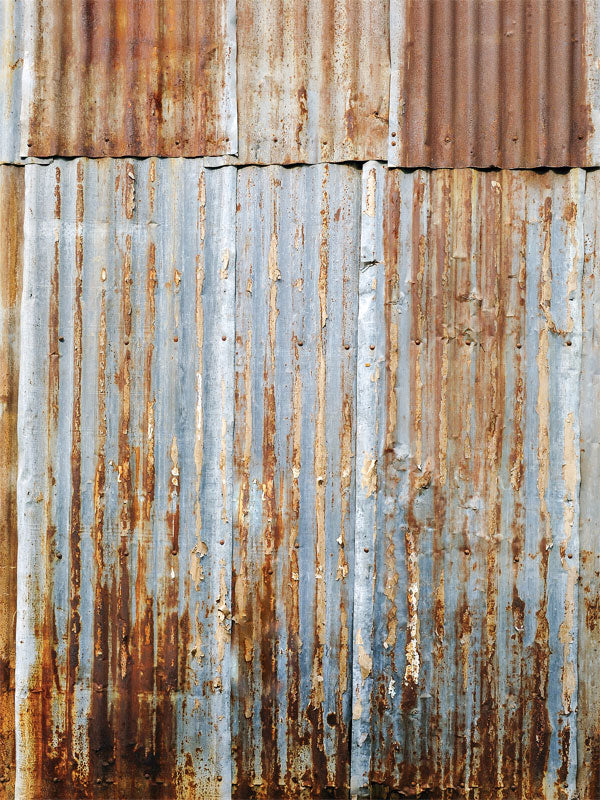 Rustic Corrugated Metal Photography Backdrop - Rustic corrugated metal photography backdrop with weathered, rusty texture, perfect for urban and industrial-themed photoshoots.