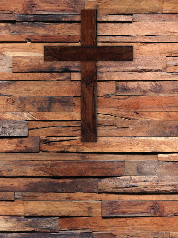 Rustic Cross on Wooden Plank Photography Backdrop - Rustic wooden cross on a wooden plank backdrop, perfect for religious or rustic-themed photography.