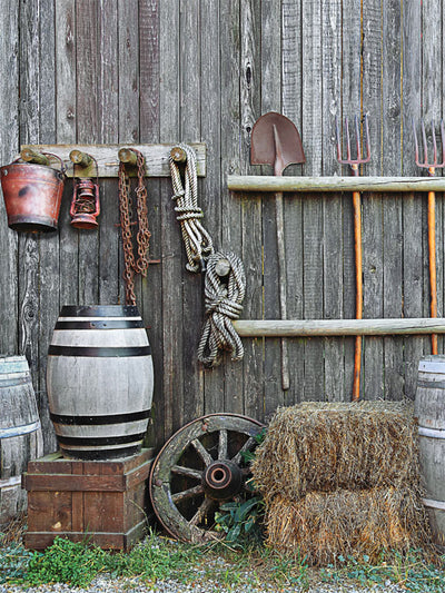 Rustic Farm Tools Photography Backdrop - Rustic farm tools photography backdrop featuring a weathered wooden barn wall, hanging tools, a hay bale, and barrels, perfect for country-style photoshoots.