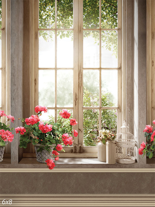 Rustic Floral Window Photography Backdrop - Rustic floral window photography backdrop with pink flowers, greenery, and soft light.