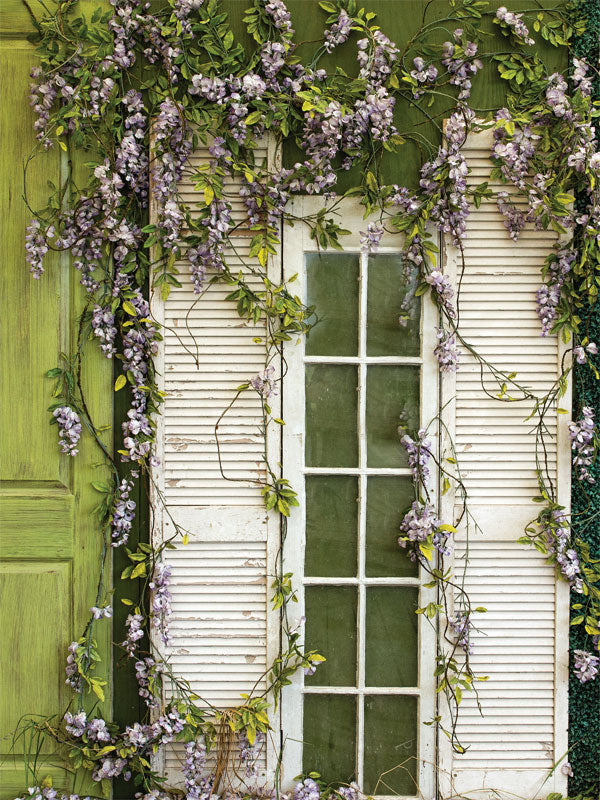 Rustic Floral Window Photography Backdrop - Rustic floral window photography backdrop with soft lavender flowers and greenery, perfect for garden-themed photoshoots.