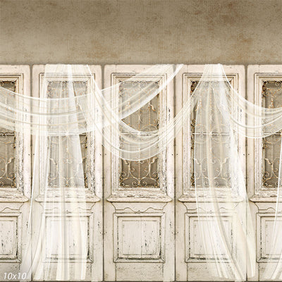 Rustic French vintage door backdrop featuring aged white wooden doors with ornate wrought ironwork, softly draped sheer curtains, and a distressed texture for an elegant aesthetic.