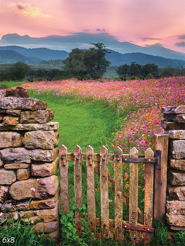 Rustic Garden Gate with Flower Meadow Photography Backdrop - Rustic garden gate photography backdrop featuring a wildflower meadow and sunset sky.