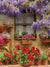 Rustic Garden Window Photography Backdrop - Photography backdrop of a rustic window surrounded by blooming flowers in terracotta pots and cascading wisteria.