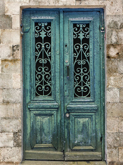 Rustic Green Double Door Photography Backdrop - Rustic green double-door photography backdrop featuring intricate wrought iron details and a weathered stone wall for vintage-themed photoshoots.