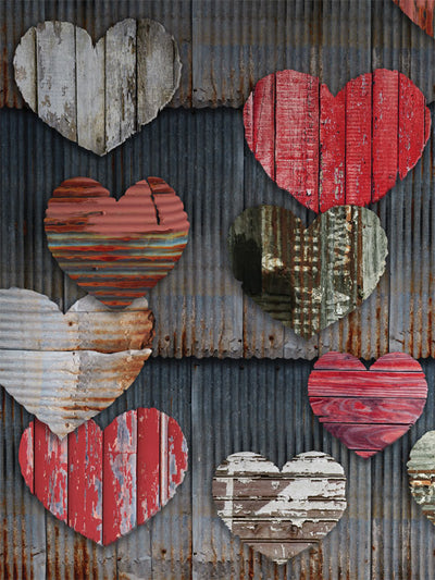 Rustic Heart Collage Photography Backdrop - Rustic heart collage on a weathered metal background for photography, perfect for Valentine's Day or rustic-themed photoshoots.