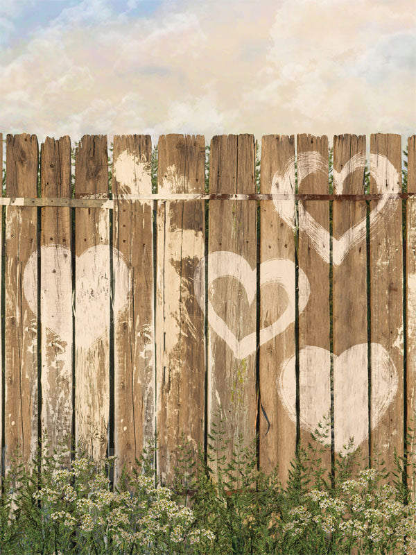 Rustic Heart Wooden Fence Photography Backdrop - Rustic wooden fence with painted hearts and natural greenery, perfect for children’s and romantic photoshoots.