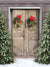 Rustic Holiday Door with Wreaths and Christmas Trees Photography Backdrop - Rustic wooden door with festive wreaths and Christmas trees adorned with snow, perfect for holiday-themed photoshoots.