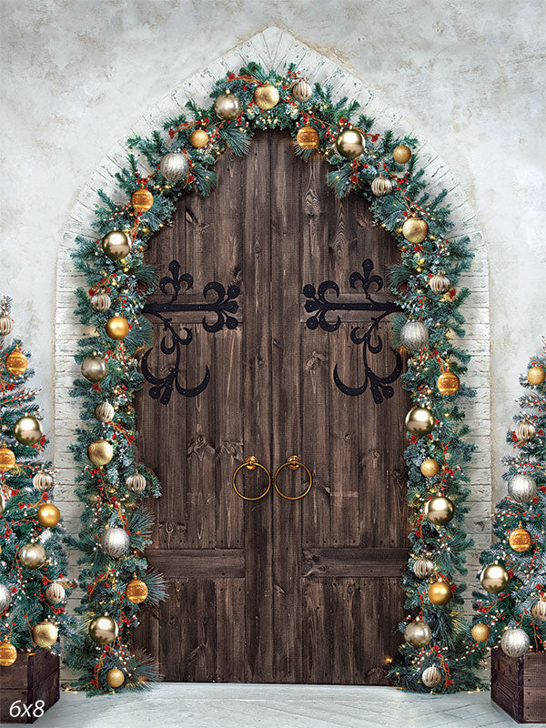 Rustic Holiday Doorway Photography Backdrop - Photography backdrop featuring a rustic wooden doorway with holiday garlands and ornaments, perfect for festive photoshoots.