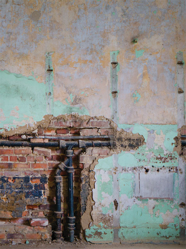 Rustic Industrial Exposed Wall Photography Backdrop - Exposed brick and plaster wall with industrial pipes, perfect for urban, rustic, or grunge-themed photoshoots.