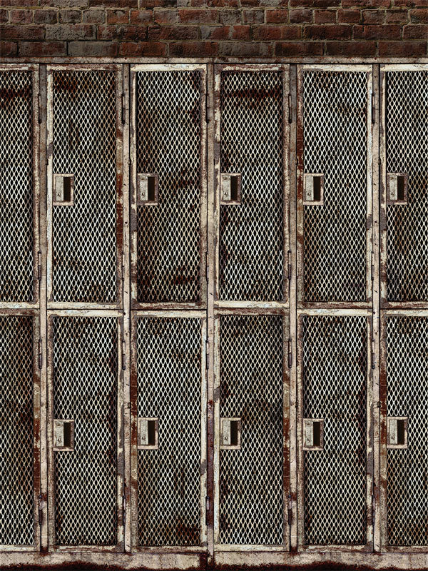 Rustic Industrial Locker Photography Backdrop - A rustic industrial photography backdrop featuring rusted metal lockers against a brick wall, perfect for urban-themed photoshoots.