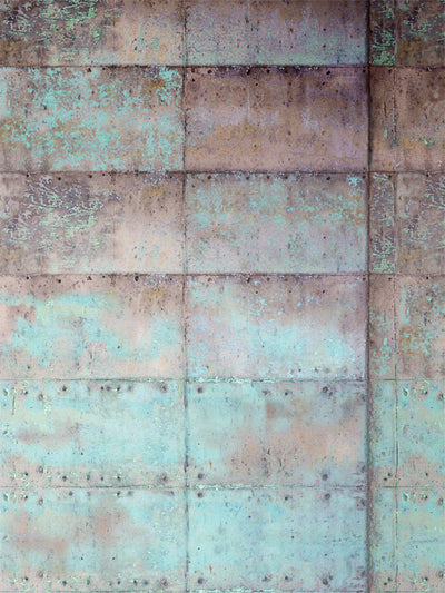 Rustic Industrial Patina Photography Backdrop - Distressed industrial patina photography backdrop with soft green and brown tones for a rugged, weathered look.