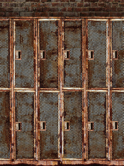 Rustic Metal Locker Photography Backdrop - Rustic metal locker photography backdrop featuring rusted lockers with a gritty, industrial look.