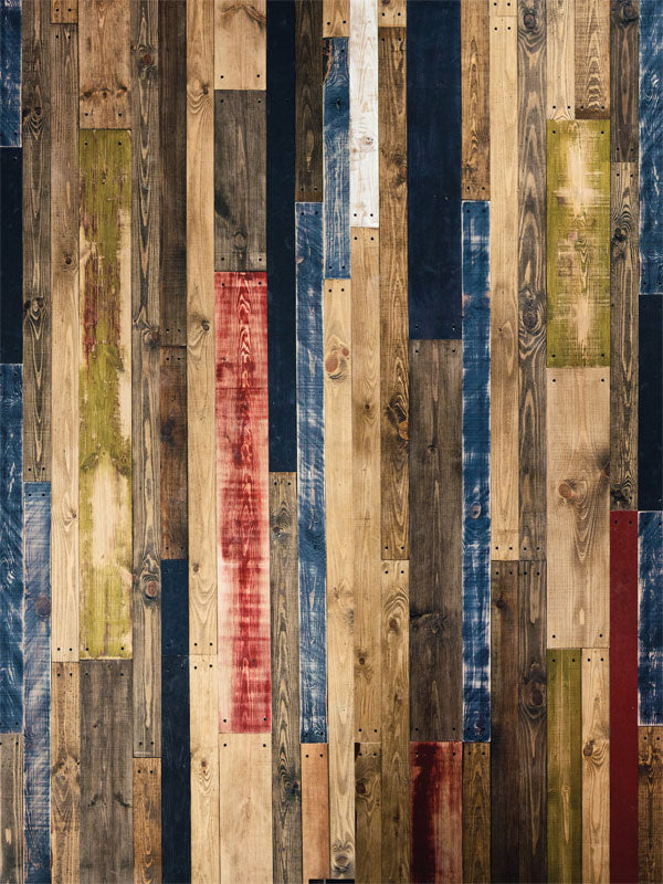 Rustic Multicolor Wooden Photography Backdrop - Rustic multicolor wooden photography backdrop with colorful wooden planks for creative and rustic-themed photoshoots.